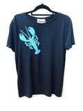 Designer Adrian Hailwood Navy blue t-shirt with a light blue lobster graphic on a hanger